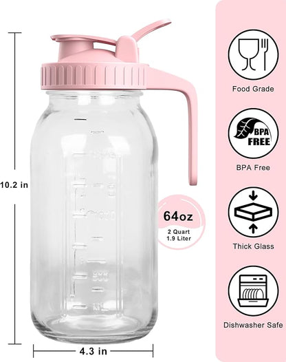 64oz Glass Mason Jar Pitcher with Lid and Spout, 2 Quart Airtight Glass Water Jug, Leakproof Wide Mouth Mason Jar Pitcher for Iced Sun Tea, Milk Storage, Cold Brew Coffee, Juice, Pink
