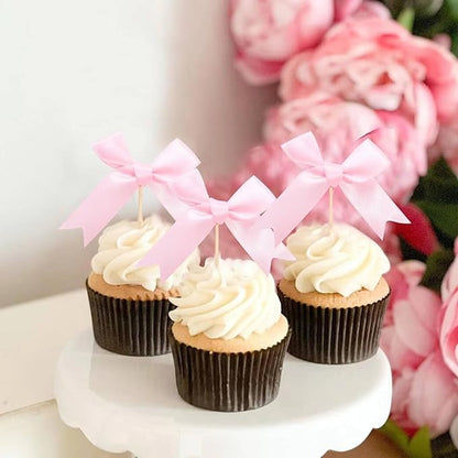 Pink Bow Cupcake Toppers,12 PCS Pink Birthday Decoration,Bow Themed Party Decorations Coquette Birthday Cake Decoration for Bachelorette Bridal Engagement Wedding Baby Shower Party Decor