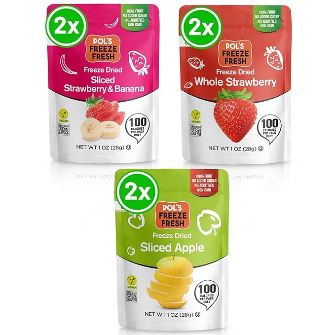 Pol’s Freeze Fresh - 6 Pack Freeze-Dried Fruit Mix – Whole Strawberry, Sliced Apple, Strawberry-Banana (1 Oz x6), No Sugar, Non-GMO, Kosher, Vegan, Gluten-Free