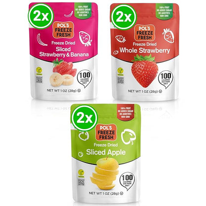 Pol’s Freeze Fresh - 6 Pack Freeze-Dried Fruit Mix – Whole Strawberry, Sliced Apple, Strawberry-Banana (1 Oz x6), No Sugar, Non-GMO, Kosher, Vegan, Gluten-Free