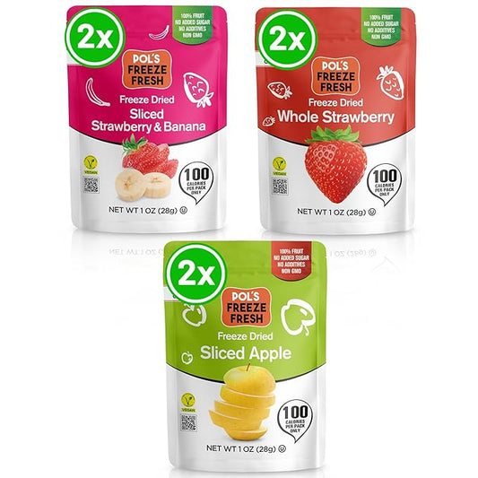 Pol’s Freeze Fresh - 6 Pack Freeze-Dried Fruit Mix – Whole Strawberry, Sliced Apple, Strawberry-Banana (1 Oz x6), No Sugar, Non-GMO, Kosher, Vegan, Gluten-Free