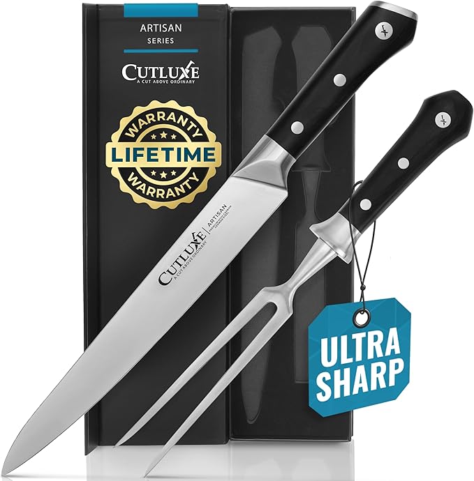 Cutluxe Turkey Carving Knife Set Carving Fork & Knife for Meat, BBQ, Brisket Razor Sharp Premium German Steel Full Tang, Ergonomic Handle Artisan Series