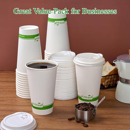 ECOLipak 100 Count 16 oz Compostable Paper Coffee Cups, Biodegradable Disposable Coffee Cups with CPLA Lid, Eco-friendly Hot Drinking Cups for Party, Picnic, Travel,and Events