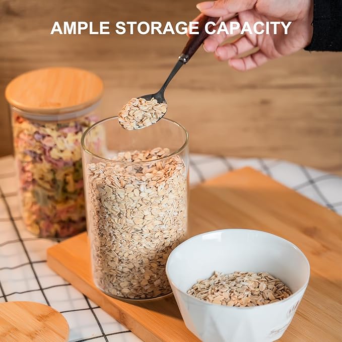 Glass Food Storage Jars 6-Pack 37oz - 4x6 in-Clear Glass Food Canisters with Bamboo Lid Airtight For Serving Tea, Coffee, Flour, Sugar, Candy, Cookie, Spice and More (Circular)