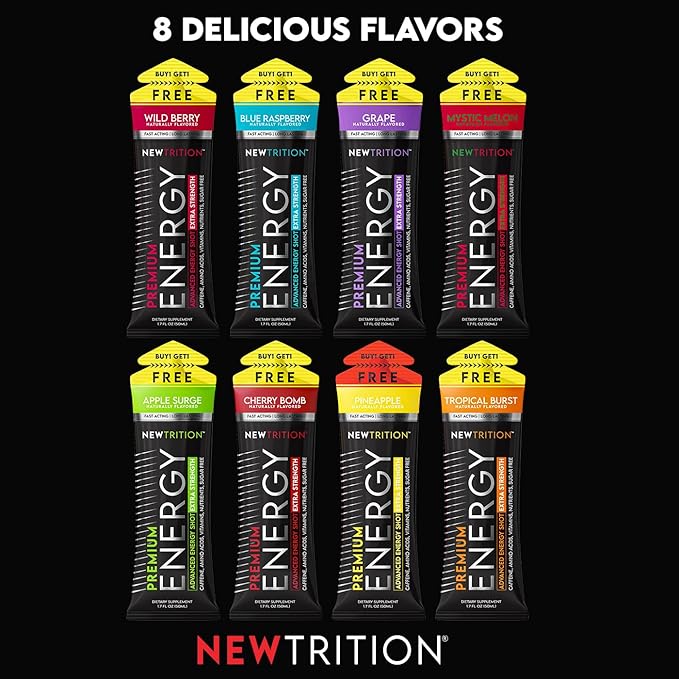 NewTrition® Extra Strength Energy Shots, 250mg Caffeine Energy Shots with Vitamin B & Amino Acids, Sugar-Free Vitamin Energy Shot, 1.7 fl oz (Pack of 24, Blue Raspberry)