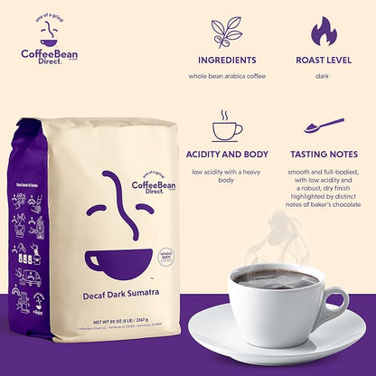 Coffee Bean Direct Decaf Dark Sumatra, Whole Bean Coffee, Dark Roast, 5 Pound Bag (Pack of 1)