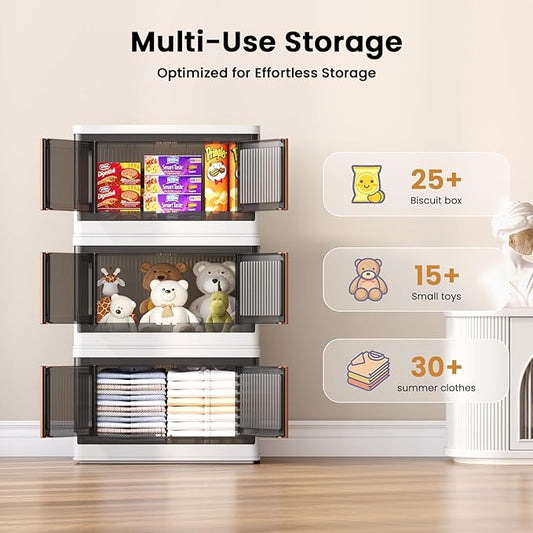 8.4Gal Collapsible Storage Bins with Lids & Wheels - 1 Pack Stackable with Doors, Heavy-Duty Plastic Containers for Home/Office, White