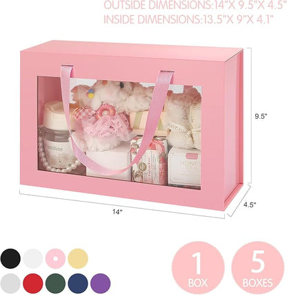 Large Pink Clear Gift Boxes, 13.5x9x4.1 Inches Gift Boxes with Windows by Handles, Bridesmaid Proposal Boxes, Collapsible Gift Boxes with Magnetic Closure (Glossy Pink, 5 Pack)