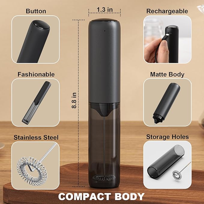 Rechargeable Milk Frother with Cover, Easy to Carry Drink Mixer Handheld, Electric Frother Wand for Coffee, Latte, Cappuccino, Frappe Drink, Hot Chocolate, Black