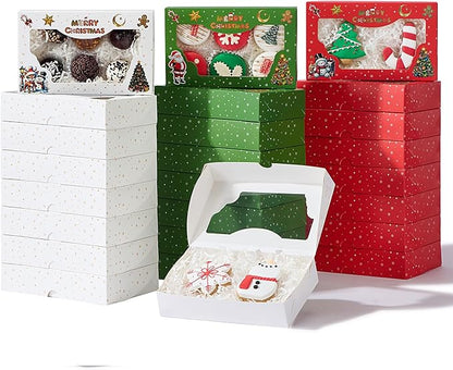 24 Pack 7x4.3x1.5Inch Christmas Bakery Boxes with 3 Patterns Clear Window Perfect for Packaging Macaron Cake Pop Chocolate Truffle Cookie Donut Pie Boxes for Treats & Holiday Party Favors