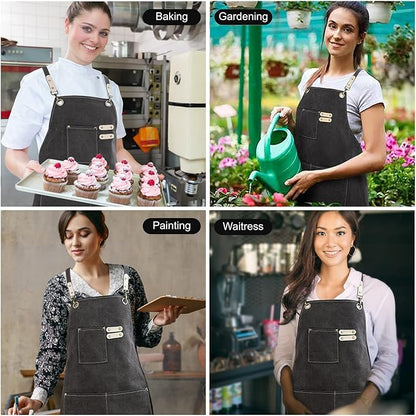 Cotton Canvas Cross Back Apron for Art Painting Garden Chef Bartender Work,Women Men 3 Pockets Waterproof Adjustable M-XXL