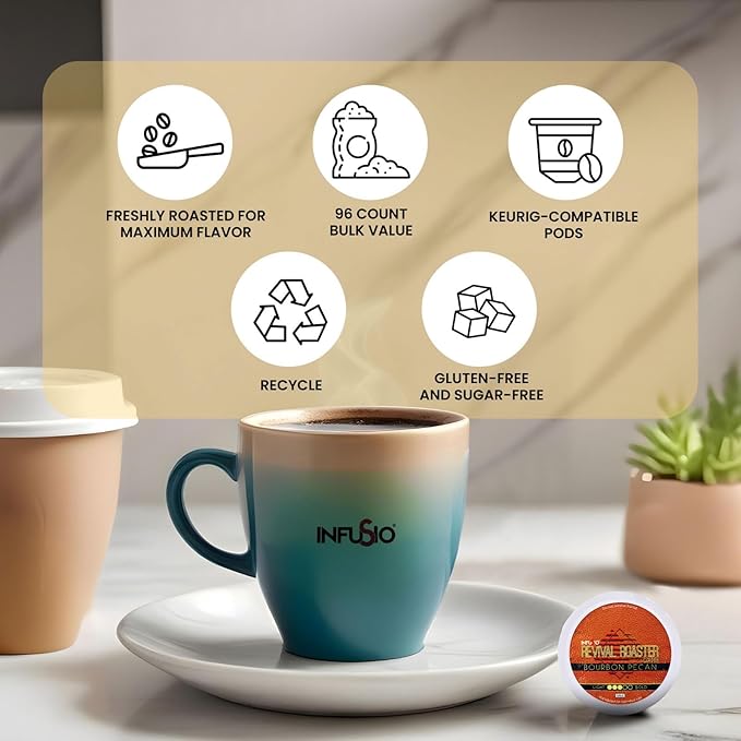 InfuSio Coffee Pods Variety Pack – 96 Count, 12 Crafted Medium & Dark Roast Blends and Artisan-Inspired Flavors Like Bourbon Pecan & Butter Toffee, Revival Roaster Collection, Compatible with Keurig 2.0 Brewers
