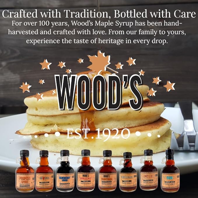 WOOD'S Blueberry Crush Maple Syrup – Small-Batch Vermont Maple Syrup Infused with Real Blueberry Flavor | All-Natural, Vegan Sweetener for Pancakes, Desserts, Cocktails & Baking | 8.45 Fl Oz (250mL)