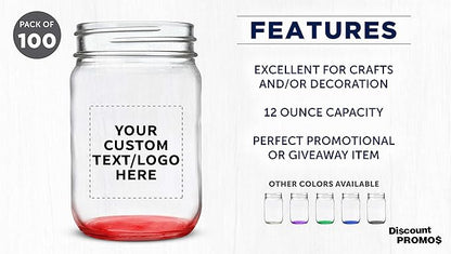 DISCOUNT PROMOS Custom Decorating Mason Jars 12 oz. Set of 100, Personalized Bulk Pack - Glass Jars for Overnight Oats, Candies, Fruits, Pickles, Spices, Beverages - Red