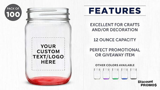 DISCOUNT PROMOS Custom Decorating Mason Jars 12 oz. Set of 100, Personalized Bulk Pack - Glass Jars for Overnight Oats, Candies, Fruits, Pickles, Spices, Beverages - Red