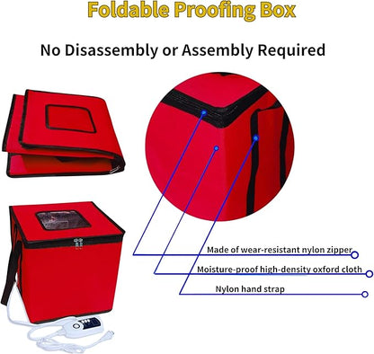 Bread Proofing Box Heated, Foldable Dough Proofer Temperature/Timer Control Sourdough Warmer for Making Bread, Pizza,Yogurt, Natto and Handmade Soap Red, 10.6 * 10.6 * 10.6inch