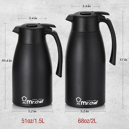 SINCE 1997 MR.CHEF 51Oz Thermal Coffee Carafe, Insulated Stainless Steel Coffee Carafes for Keeping Hot/Double Walled Vacuum Coffee Carafe (Black, 1.5L)