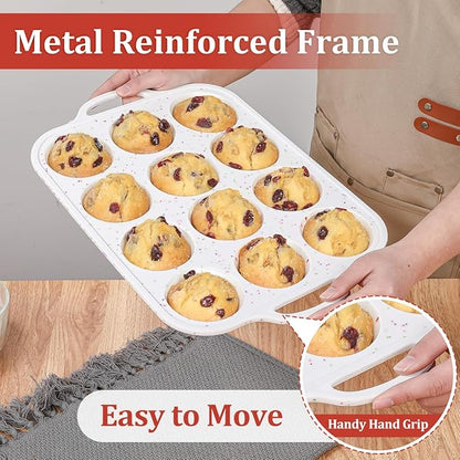 CAKETIME Silicone Muffin Pan with Metal Frame, Metal Reinforced Frame Regular Size Cupcake Pan with Handle 12 Cups Nonstick Muffin Pan for Baking BPA Free 2 Pack