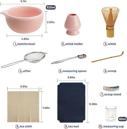 10-Pcs Matcha Kit Set, Whisk and Bowl with Spout & Measuring Spoon, Japanese Matcha Tea Making Tools, Light Pink