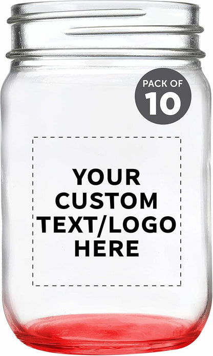 DISCOUNT PROMOS Custom Decorating Mason Jars 12 oz. Set of 10, Personalized Bulk Pack - Glass Jars for Overnight Oats, Candies, Fruits, Pickles, Spices, Beverages - Red
