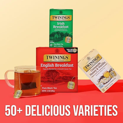 Twinings Irish Breakfast Black Tea Individually Wrapped Bags, 20 Count (Pack of 6), Flavourful, Robust Black Tea, Caffeinated, Enjoy Hot or Iced, 120 Teabags