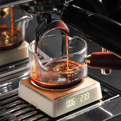 Espresso Shot Glasses with Wood Handle - 120ml Glass Coffee Bean Dosing Cup with Dual Spout,Clear Espresso Measuring Cup Glass for Barista Coffee Measure