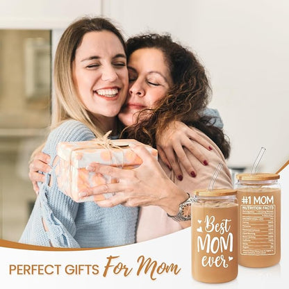 Gifts for Mom from Daughter Son - Mom 16 Oz Can Glass Coffee Cup with Bamboo Lid & Straw - Mothers Gift for Women on Birthday Mothers Day Valentines