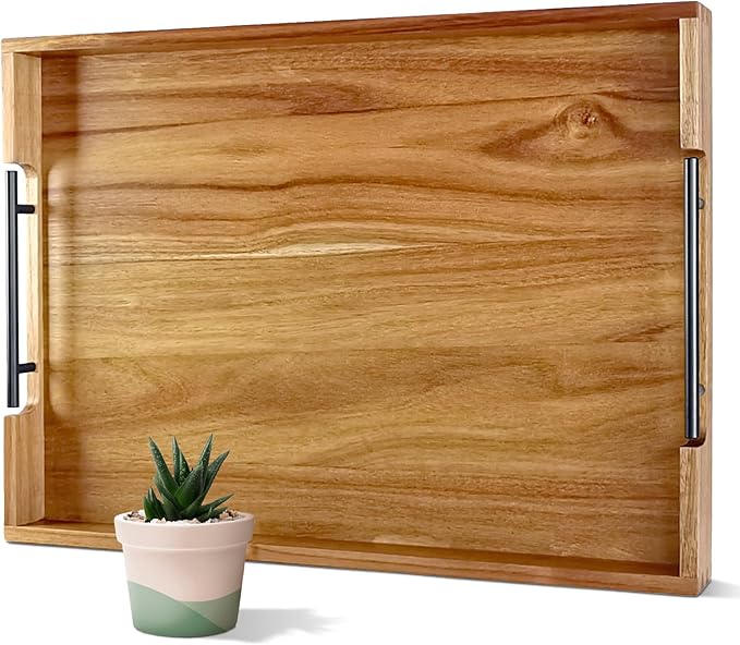 22 Inches Acacia Wood Serving Tray with Metal Handles, Large Wooden Rectangle Ottoman Tray, Decorative and Durable Design for Living Room Coffee Table Couch Kitchen