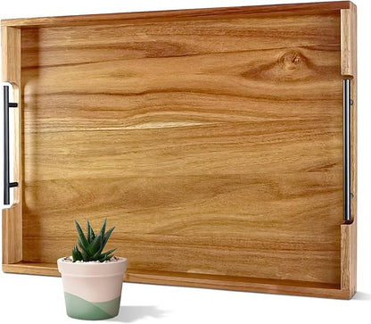22 Inches Acacia Wood Serving Tray with Metal Handles, Large Wooden Rectangle Ottoman Tray, Decorative and Durable Design for Living Room Coffee Table Couch Kitchen