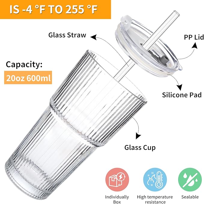 Glass Cups with Lids and Straws - 20oz Glass Tumbler with Straw and Lid, Premium Coffee Cups for Tea, Iced Coffee, Smoothie，Ideal Gift for Home, Office, 4pack