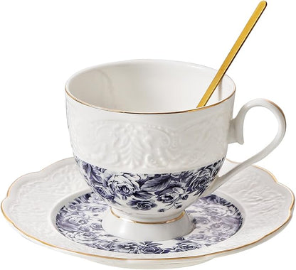 TATSUMI Interglio Embossed Bone China Tea Cup and Saucer Set, 3 Pieces Vintage Style Coffee Cup & Saucer Set For Women Wedding Gift (Starry Sky Rose, 1 set)