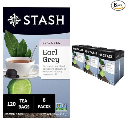 Stash Tea Earl Grey Black Tea - Caffeinated, Non-GMO Project Verified Premium Tea with No Artificial Ingredients, 20 Count (Pack of 6) - 120 Bags Total