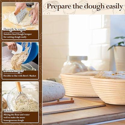 P&P CHEF Sourdough Bread Baking Supplies, 9” Round & 10” Oval Sourdough Proofing Baskets Starter Kit, Bread Making Tool Set with Cloth Liner Bread Lame Scraper Brush Dough Whisk