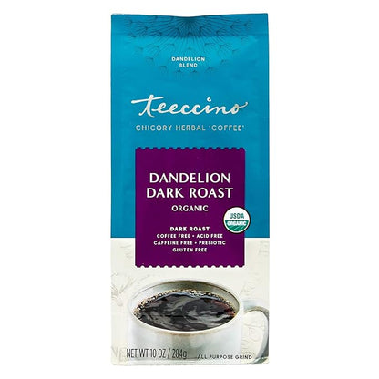 Teeccino Dandelion Dark Roast Herbal Coffee - Caffeine-Free Coffee Alternative with Prebiotics, Gluten Free, Acid Free, Organic - 10 oz (Pack of 3)