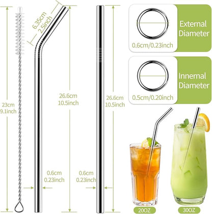 Set of 10 Stainless Steel Straws, HuaQi Bent Reusable Drinking Straws 10.5'' Long 0.24‘’ Dia for 30 oz Tumbler and 20 oz Tumbler, 2 Cleaning Brush Included