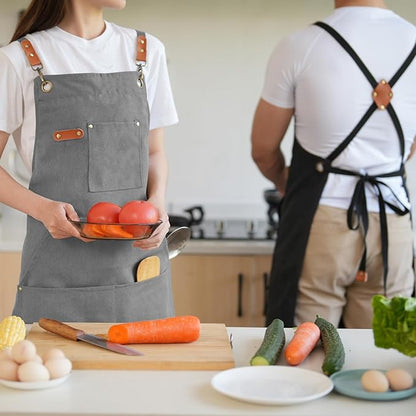 Canvas Aprons for Men Chef Apron, Work Apron with Large Pockets - 16oz Heavy Duty Cross Back, BBQ, Cooking
