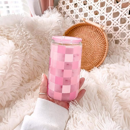 Checker 16 Oz Can Glass Tumbler with Acrylic Lid and Straw - Iced Coffee Cups for Women, Aesthetic Glass Cup Gift for Birthday Christmas