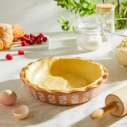 Sweese Porcelain Deep Fluted Pie Dish for Baking - 9 inch Porcelain Pie Plate for Apple, Quiche, Pot Pies, Tart - Leaf - Brown