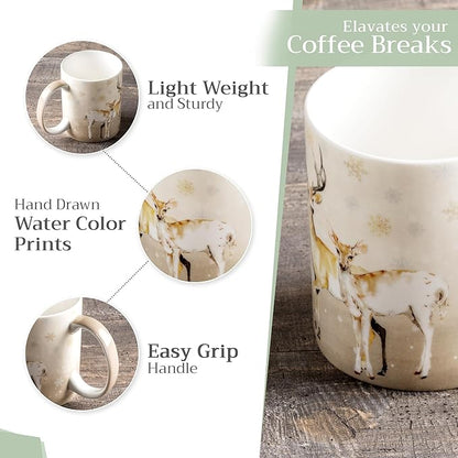 Maison d' Hermine Coffee Mug with Handles Fine Bone China Mugs Pack of Two Tea Cups for Hot Beverages Cappuccino Latte Home Restaurant Office Perfect for Gift (Deer In The Woods, 15 Ounce)