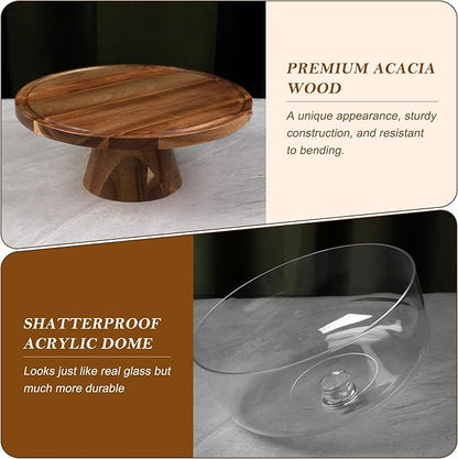 Bellsal Acacia Wood Cake Stand with Clear Acrylic Lid Dome Cover, 12in Cake Plate with Dome, Cake Display Stand with Cover, Cake Holder for Baking Gifts, Birthday Kitchen Party, Wedding