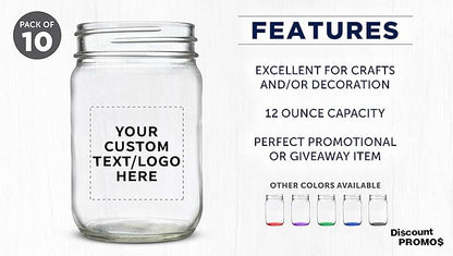 DISCOUNT PROMOS Custom Decorating Mason Jars 12 oz. Set of 10, Personalized Bulk Pack - Glass Jars for Overnight Oats, Candies, Fruits, Pickles, Spices, Beverages - Clear