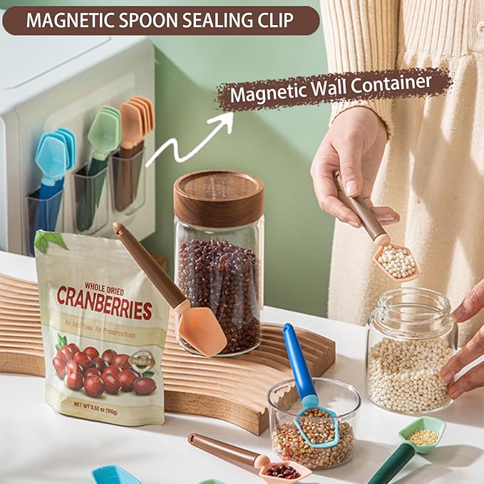 2 SET of 8 PCS Multi-functional sealing clip with measuring spoon Magnetic Coffee Measuring Spoon Sealing Clips with Wall Container Mount, PP materia, Deep Bowl Design (Green)
