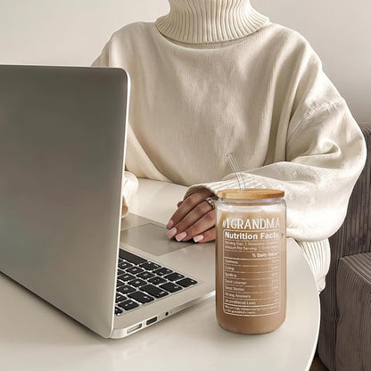 Grandma 16 Oz Can Glass Tumbler with Bamboo Lid and Straw - Iced Coffee Cups for Women, Aesthetic Glass Cup Gift for Grandmother Nana Birthday Christmas Mother's Day