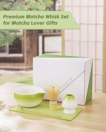 ZENS Matcha Whisk Set, 15oz Hand-Glazed Matcha Bowl with Spout and Bamboo Whisk, Whisk Holder (Chasen), Scoop & Tea Towel, 5pcs Matcha Tea Set Gift for Matcha Ceremony, Green