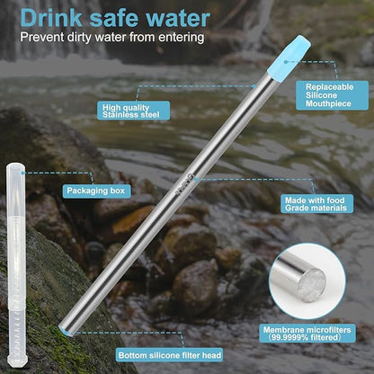 Personal Water Filter Straw, Reusable Stainless Steel Water Filter Drinking Straw Portable Outdoor Emergency Survival Gear for Hiking, Camping, Travel, Hunting & Fishing (Large)