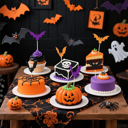 YQUQWN 24 PCS Halloween Black Orange Purple Glitter Bat Cupcake Decorations, Halloween Cupcake Selection, Suitable for Children's Birthday Party, Theme Party, Baby Shower Event Decoration Supplies