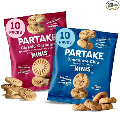 Gluten Free Partake Crunchy Chocolate Chip Cookies + Classic Graham Crackers Variety Pack - Vegan - Free From the Top 9 Allergens Including Dairy, Wheat, Soy, Eggs, & Peanuts - Non GMO - Safe School & Office Snack (20 Packs, 0.67 oz)