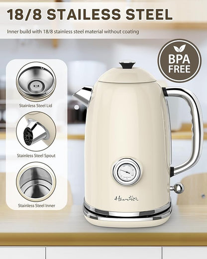 Harriet Electric Kettle, 1.8L Retro Electric Tea Kettle with Thermometer, 1500W Stainless Steel Hot Water Kettle Electric with LED Indicator, Fast Boiling, Cordless, Auto Shut-Off, Beige White