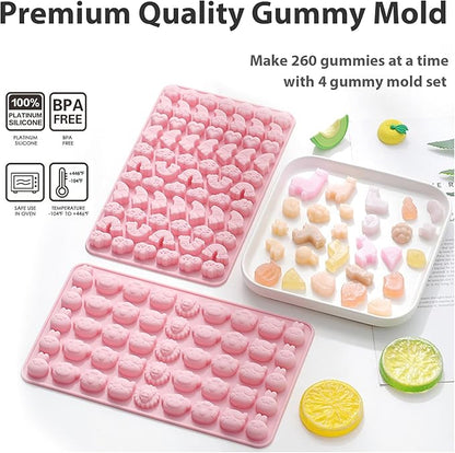 Animals & Flowers Silicone Candy molds, Non-Stick Gummy Bear Chocolate Gelatin Tray with 2 Droppers Creates 260 Alpaca, Clover, Animals, Rainbow & Cloud, Pack of 4