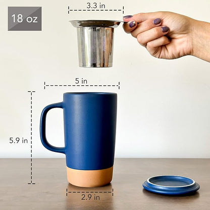 Mora Ceramics Large Tea Mug with Loose Leaf Infuser and Ceramic Lid, 18 oz, Portable, Microwave and Dishwasher Safe, Tall Coffee Cup - Rustic Matte Ceramic Glaze, Modern Herbal Tea Strainer, Deep Blue